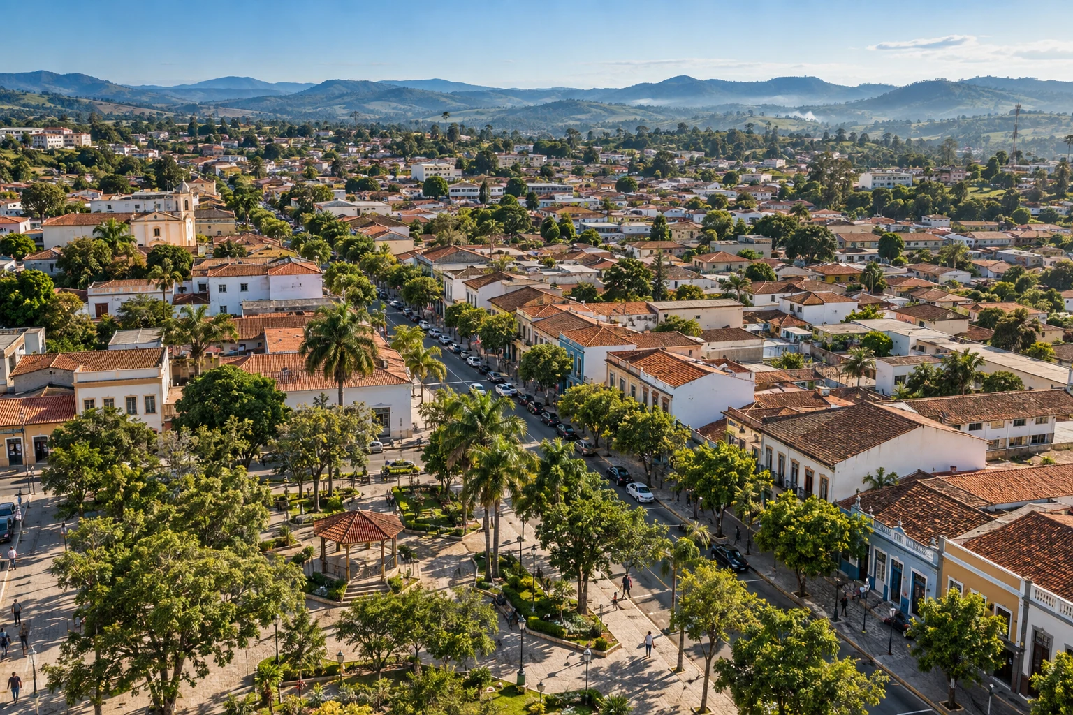 Vista aérea ilustrativa de uma cidade brasileira, com moradias, ruas e áreas verdes